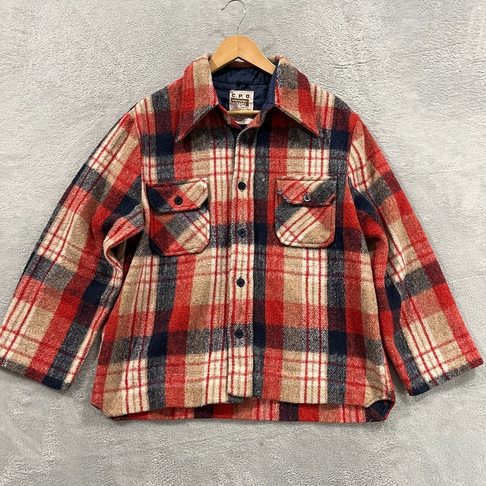 Vintage CPO Montgomery Ward Flannel Shirt Medium Plaid Button 80s Wool Linen